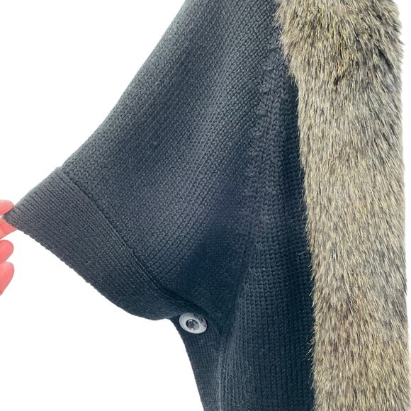 Alberto Makali Black Loose Knit Designer Faux Fur Trim Caplet Sweater Cardigan L - Picture 8 of 13